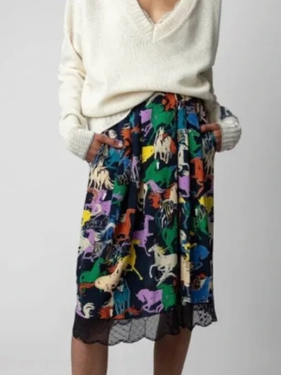 Zadig & Voltaire Dresses & Skirts - EUC - Zadig & Voltaire Jenny "Year of the Horse" Silk Midi skirt - Navy - 40